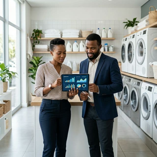 Partners reviewing laundry analytics together