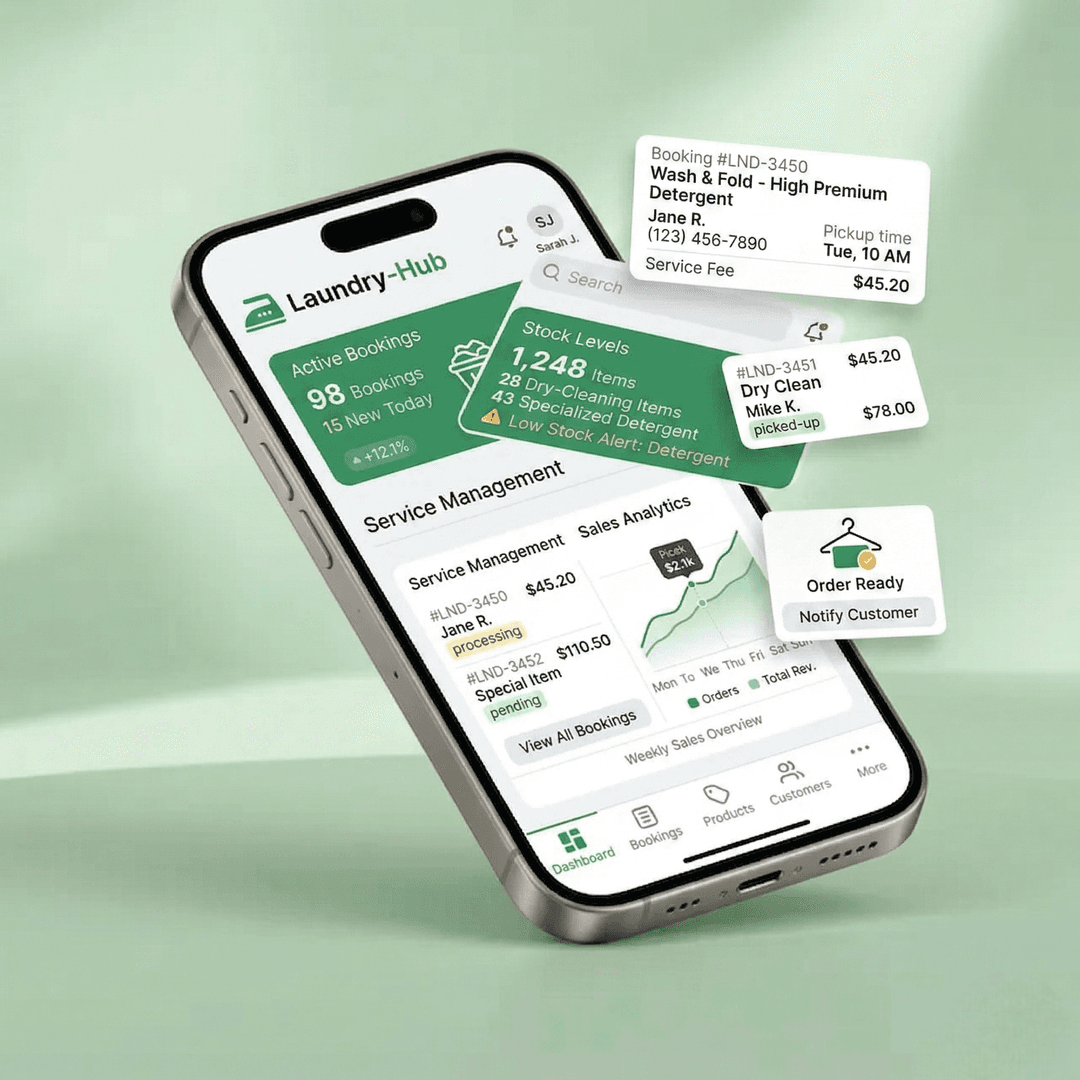 Laundry-Hub dashboard running on an iPhone showing order management and analytics